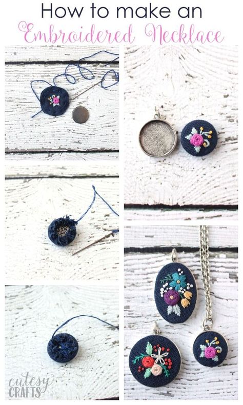 Pendant Frames for Embroidery - How to put embroidery in a necklace. Stitch Jewelry, Miniature Embroidery, Embroidered Necklace, Embroidery Materials, Learn Embroidery, Embroidery Jewelry, Hand Embroidery Stitches, A Necklace, Hand Embroidery Patterns