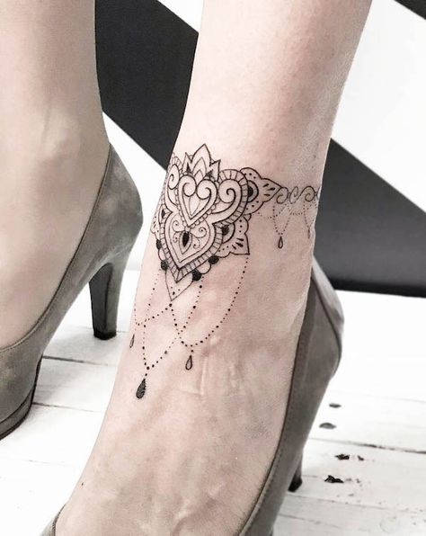 Ankle Cuff Tattoo, Anklet Tattoos For Women, Ankle Foot Tattoo, Tattoo 2023, Ankle Tat, Lace Tattoo Design, Cuff Tattoo, Ankle Bracelet Tattoo, Ankle Tattoo Designs