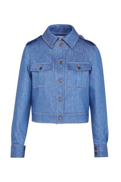 The Dianora Chambray Short Jacket By Giuliva Heritage | Moda Operandi Luxury Cropped Denim Jacket For Fall, Luxury Cropped Denim Jacket With Pockets, Luxury Denim Cropped Jacket, Luxury Garment-dyed Casual Denim Jacket, Luxury Washed Blue Garment-washed Denim Jacket, Chambray Shorts, Heritage Fashion, Heritage Collection, Short Jacket