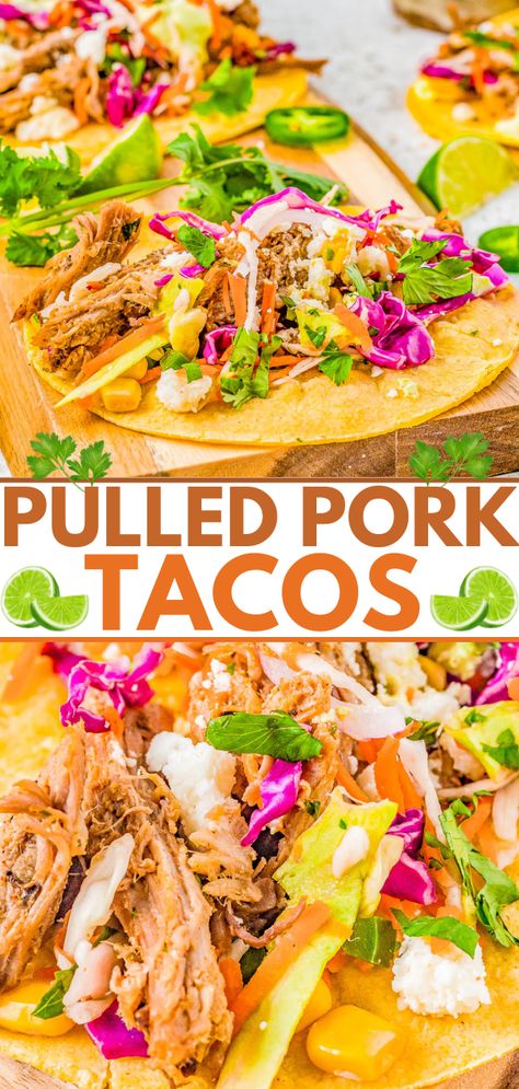 Pulled Pork Tacos - The BEST pulled pork tacos made with slow cooker pulled pork, nestled in tortillas, and then topped in abundance with Cilantro Lime Slaw, Pickled Red Onions, and Avocado Crema! Learn how to make these Mexican-inspired classic recipes at home! Easy enough for weeknights but also great for events, game day parties, get-togethers like Cinco de Mayo fiestas or graduation parties! Pulled Pork Tacos Toppings, The Best Pulled Pork, Best Pulled Pork, Mexican Pulled Pork, Lime Slaw, Cilantro Lime Slaw, Averie Cooks, Pulled Pork Tacos, Avocado Crema