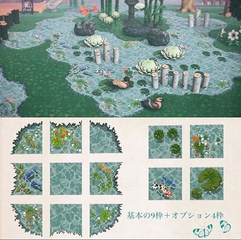 Rice 🍙 on Instagram: “Adorable water lily pond designs! These are adorable for zen or fairy themed towns! How’s everyone doing today? ~ 🍙  Twitter: @/clay_acnh .…” Acnh Fake Bridge Design Code, Animal Crossing Land Bridge Code, Achn Design Codes, Acnh Plank Path Designs, Animal Crossing Path Design, Plank Bridge, Log Bridge, Acnh Path, Pond Animals