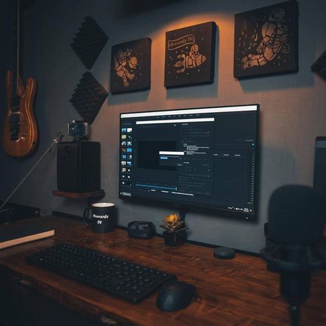 SPACEBOUND SETUPS + TECH on Instagram: “DARK WITH WARM AMBIENT LIGHTING. What do you think of this setup? Rate it 1-10 ⭐️⭐️⁠.              Setup by @moosa_ahmed.   Watch The…” Modern Music Studio, Cloud Desk, Work From Home Desk Setup, Studio Music Room, Home Studio Desk, Music Room Design, Setup Inspiration, Home Recording Studio Setup, Recording Studio Setup