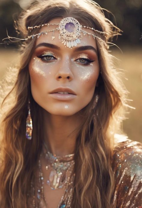 9 Ways to Use Glitter in Witchcraft - Moody Moons Glam Festival Makeup, Glittery Witch Makeup, Halloween Makeup Looks With Gems, Edc Rave Makeup, Good Witch Makeup Ideas, Sun Goddess Costume Makeup, Roman Goddess Makeup, Fortune Teller Halloween Makeup, Burning Man Makeup Ideas