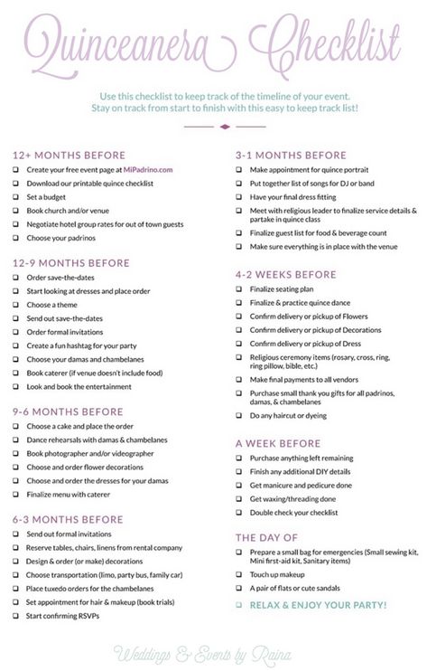 Complete Quinceanera Checklist & Timeline - eventsbyraina.com Quincenera Timeline, Quince Must Haves List, Quinceanera Event Timeline, Quinceanera List Of Things Needed, Quinceanera Checklist Party Planning, Quince Preparation List, Quince Checklist Quinceanera, Quinceanera Checklist Planners, Quinceanera Itinerary