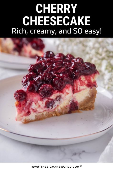 This is a simple cherry cheesecake recipe with the most decadent filling and sweet cherry topping. Surprisingly easy to make, all you need are pantry staples and fresh cherries to put this dessert together! Baking With Fresh Cherries, Sour Cherry Cheesecake, Cherry Crumble Cheesecake, Desserts With Fresh Cherries, Fresh Sweet Cherry Recipes, Dried Tart Cherry Recipes, Cherry Sauce For Cheesecake, Cherry Desserts With Fresh Cherries, Fresh Cherries Recipes