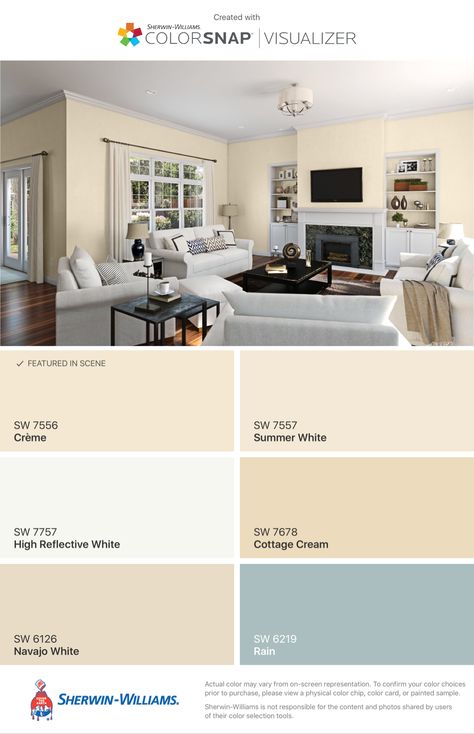 SHERWIN WILLIAMS-CREME Family Room Colour Schemes, Minimalist Comfy Living Room, Light Teal Living Room, Family Room Color Scheme, Monochromatic Living Room, Interior Paint Colors For Living Room, Interior Paint Colors Schemes, Basement Remodel Diy, Paint Color Schemes