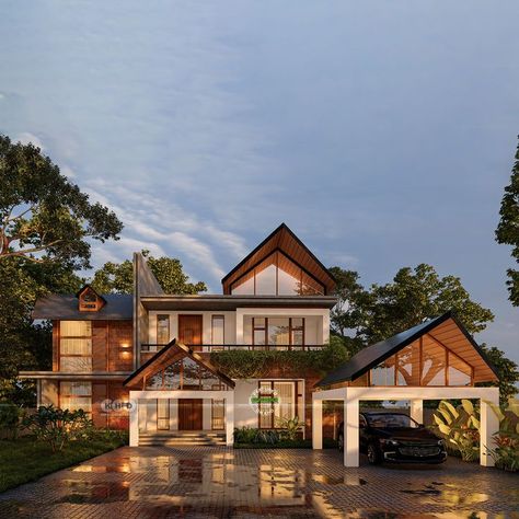 Sloping roof contemporary home Tropical Design House Exterior, Slope Roof Elevation Modern, Sloped Roof Elevation, Contemporary Slope Roof House, Slope Roof Elevation Kerala, Sloping Roof Designs, Modern Slope Roof House, Bali House Exterior, Sloped Roof Houses