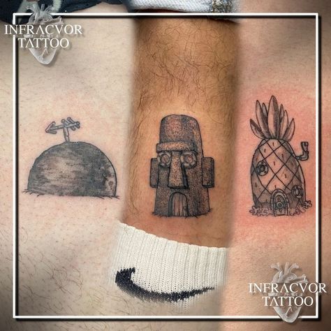 Three friends to confirm their friendship asked me to make these three tattoos. The home of Spongebob, Patrick and Squidward. Here is the result. Spongebob Houses Tattoos, Spongebob House Tattoo, Houses Tattoo, Tattoo Friends, Spongebob House, House Tattoo, Home Tattoo, Friend Tattoos, Deathly Hallows Tattoo