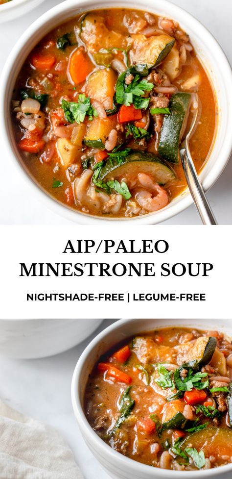 A rich and hearty AIP/Paleo Minestrone Soup made without tomatoes or legumes. #healmedelicious #aip #paleo #aiprecipes #paleorecipes #aipdiet #autoimmunepaleo #aipprotocol #glutenfree #glutenfreerecipes #paleosoups #paleominestrone #aipminestrone #paleominestronesoup #tomatolessminestronesoup #onepotmeals #top8free #allergyfriendly #healthydinner #easymeals #maindishrecipes #easyhealthymeals #nightshadefree #legumefree #groundbeefvegetablesoup #winterrecipes #wintersoup Paleo Veggie Soup, Aip Trader Joes, Aip Zucchini Recipes Autoimmune Paleo, Whole 30 Minestrone Soup, Aip Recipes Soup, Healthy Healing Soup, Easy Aip Work Lunches, Aip Italian Recipes, Modified Aip Recipes