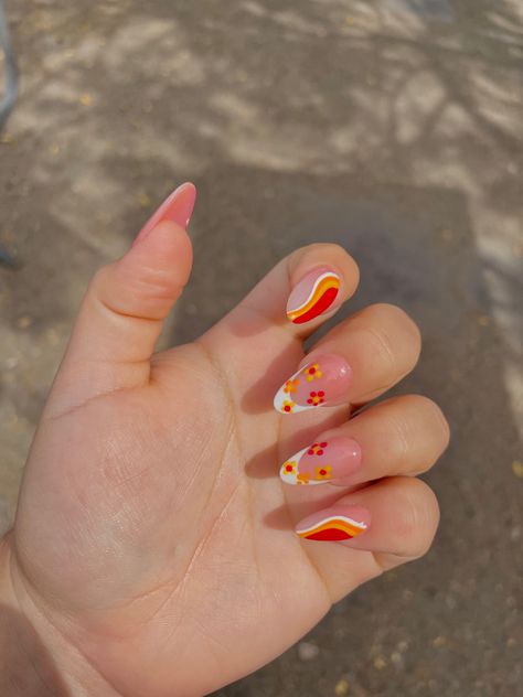 Red And Yellow Nail Designs, Disco Nails 70s, Yellow And Red Nails, Orange Nails With Design, Red And Yellow Nails, Orange Yellow Nails, Orange Nails Design, Orange Nail Designs, Pastel Nails Designs