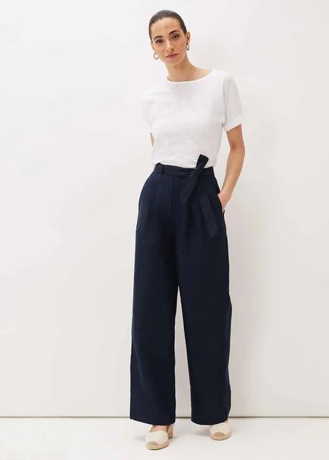 Aaliyah Linen Belted Wide Leg Trouser Navy Linen Trousers, Coat Guide, Navy Linen, Natural Fibre, Fitted Trousers, Linen Trousers, Phase Eight, Aaliyah, Adjustable Belt