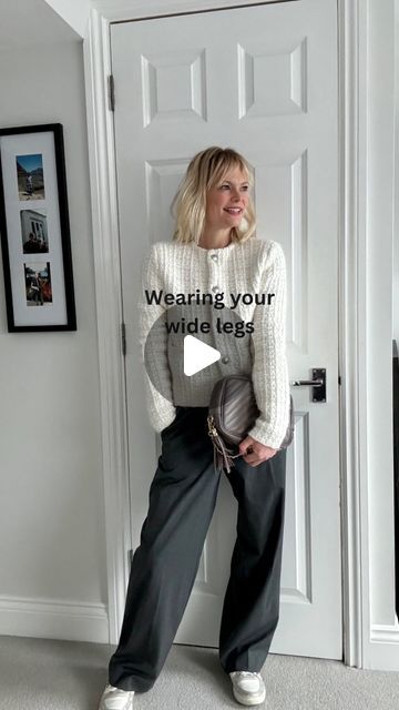 Claire Lopez on Instagram: "Wide leg trousers… A wardrobe staple for me but even more so at this time of year and here’s why: ✔️Definitely a staple in my wardrobe but it ticks so many boxes at this time of year when it’s 🥶🥶🥶 ✔️ Easy layering of tights/leggings underneath ✔️ No bare ankles as those thermal socks are firmly hidden!! ✔️ Footwear is much easier - trainers and pointed ankle boots/knee high boots will all fit under the hem of your trousers/denim. ❌ Just avoid pairing with your chunky flat boot as this is a very bottom heavy/ masculine look! Never mind the fact that a wide leg style is great for so many body shapes - 🍐 ⏳wide legs balance out the curves on your hips 🍓 they will balance out your upper body 🍎 they will stop the feeling of being top heavy And finally rec Wide Leg Trainers Outfit, Wide Leg Trousers With Loafers, Wide Leg Trousers And Trainers, Wide Leg Trousers Shoes, Claire Lopez Style, Wide Pants Outfit Winter, Wide Leg Leggings Outfit, Wide Leg Trousers Outfit, Bottom Heavy