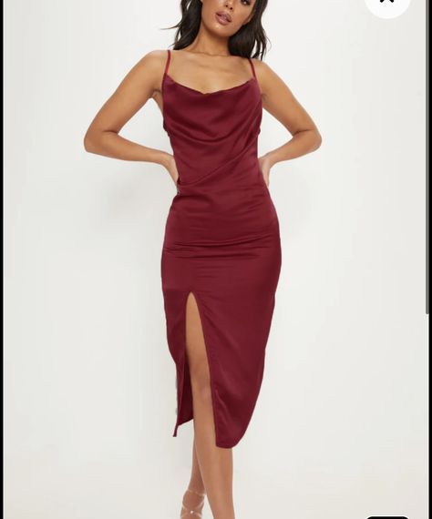 Silky Satin Dress, Satin Cowl Neck Dress, Slip Dress Midi, Gold Midi Dress, Sheer Sleeve Dress, High Neck Midi Dress, Red Dress Long, Burgundy Midi Dress, Strappy Midi Dress