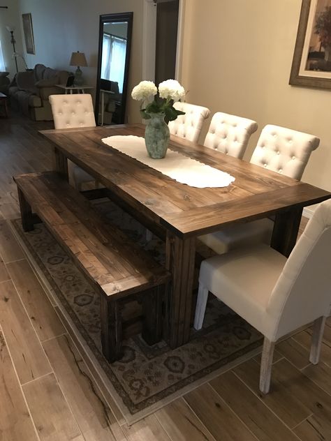 Farmhouse Table With Bench Seating, Wood Table With Bench And Chairs, Farm Table With Bench And Chairs, Modern Farmhouse Dining Room Table With Bench, Farmhouse Dining Set With Bench, Diy Dining Room Table With Bench, Dining Room Table With Bench Seating, Wood Kitchen Table With Bench, Farmhouse Bench Dining Table