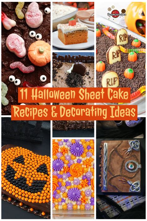 11 Halloween Sheet Cake Recipes & Decorating Ideas 9x13 Halloween Cakes, Sheet Cake Halloween Designs, Coffin Cake Halloween, Fall Cake Designs Sheet Cake, Halloween Sheet Cake Decorating, Halloween Sheet Cake Ideas Easy, Halloween Themed Sheet Cakes, Halloween Birthday Sheet Cakes, 9x13 Cake Decorating Ideas