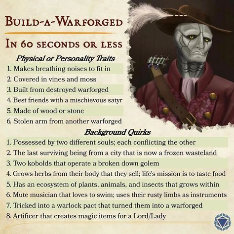 The D&D Coalition on Instagram: “Build-a-Warforged in 60 seconds or less🤖 • Lets hear your warforged NPC or character ideas!⤵️ • • • Special Thank You to everyone that…” 5e Warforged, Npc Ideas, Porcelain Warforged Dnd, Dnd Warforged Character Design, Warforged Magic Items, Small Warforged Dnd, Wood Warforged, Wood Warforged Dnd, Dnd Warforged Art