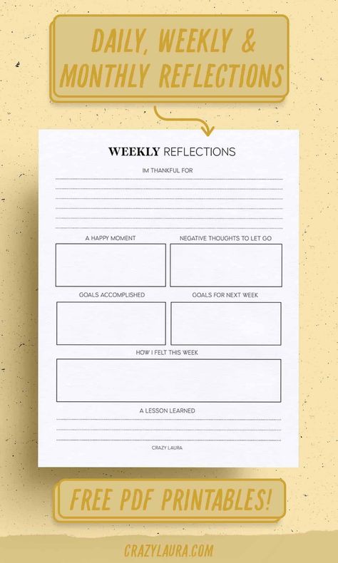 Get in the right headspace by reflecting on your past day, week, or month with these free reflection printables that are super easy to download! Weekly Planner Printable Templates, Weekly Reflection, Crazy Laura, Mental Health Activities, Undated Weekly Planner, Simple Planner, Schedule Organization, Senior Activities, Planner Set