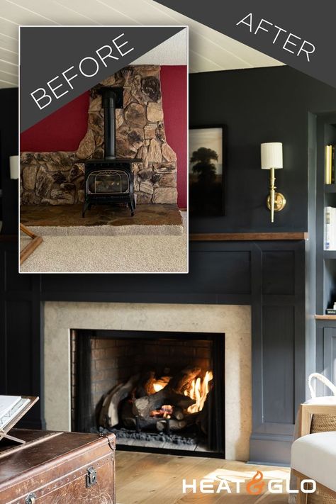 See the renovation photos and budget breakdown of this cozy cottage fireplace makeover. A moody color washed on the walls and curated built-ins let the limestone facing shine. Wood Burning Fireplace Makeover, Moody Fireplace, Fireplace Makeovers, Cottage Fireplace, Living Room Fireplace, Fireplace Remodel, Good Bones, Fireplace Makeover, Living Room With Fireplace