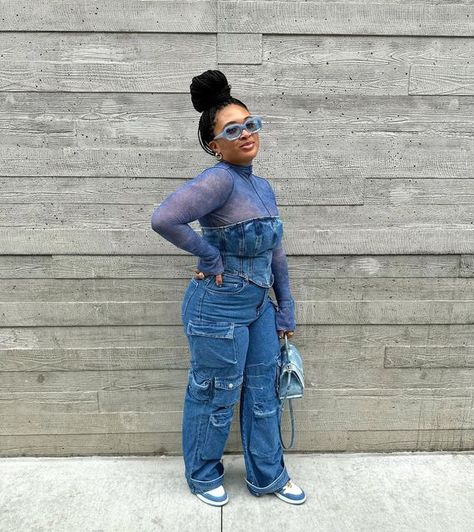 Blue On Denim Outfit, Denim Jordan 1s Outfit Women, Denim Shoes Outfit Fashion Ideas, Denim Jacket Outfit Black Women, Denim Jordan 1s Outfit, All Denim Outfits For Black Women, Denim Boots Outfit Black Women, Denim Dress Outfit Black Women, All Denim Outfits For Women