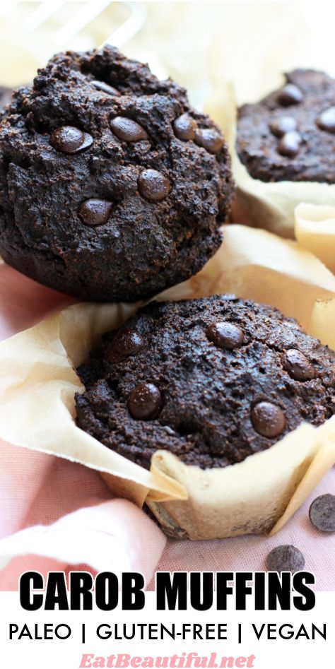 Carob Muffins are super dark, moist and good! + high in protein, complex carbs and simply delicious! Perfect with breakfast, lunch or dinner or as a high-energy snack, this treat is Paleo, Gluten-free and Vegan. | Eat Beautiful Recipes | carob muffins | paleo | gluten free | vegan | carob recipes || #carob #muffins #paleo #glutenfree #vegan #eggfree Carob Recipes, High Energy Snacks, Chocolate Alternatives, Muffins Paleo, Paleo Breads, Eat Beautiful, Beautiful Recipes, Aip Desserts, Complex Carbs