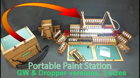 A carry case for up to 162 paints, miniatures, tools, which transforms into a full painting station, complete with lamp & work area. How To Start Painting, Portable Workstation, Portable Workbench, Hobby Desk, Painting Station, Workbench Plans, Leather Workshop, Hobby Room, Miniatures Tutorials