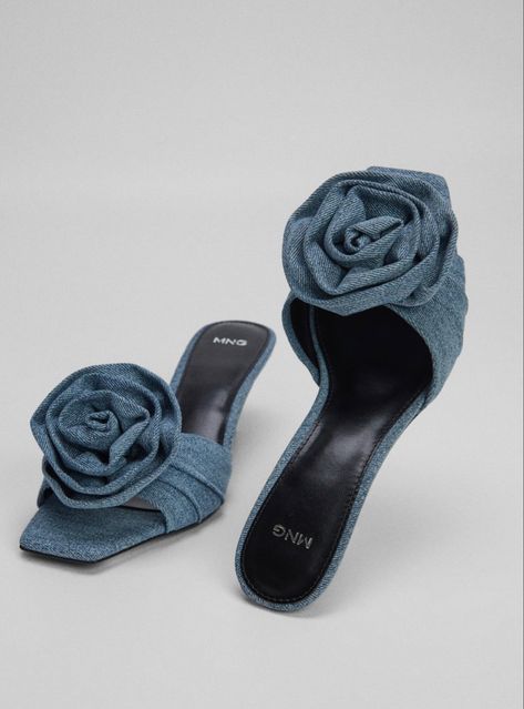 Denim Pink Shoes Heels, Pretty Sandals, Denim Heels, Denim Sandals, Floral Denim, Flower Detail, Denim Shoes, Pink Shoes, Sell Out