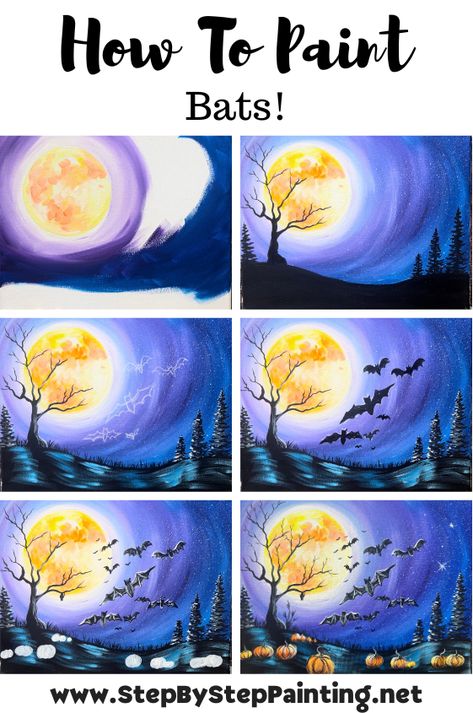 Bats! - Acrylic Painting Tutorial Step By Step Halloween Painting Canvas, Halloween Landscape Art, Halloween Painting Tutorial, Bat Painting Easy, Fall Paint And Sip, Spooky Landscape, Tracie Kiernan, Book Paintings, Wall Art Tutorial