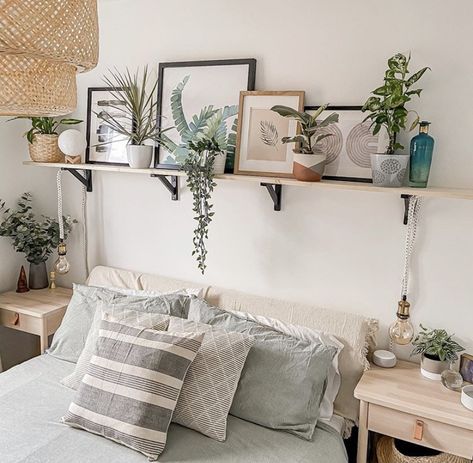 Style Shelf Bedroom, Floating Shelf Built In Living Room, Overhead Shelf Bedroom, Plant Ledge Above Bed, Shelf Over Bed Boho, Decorative Shelf Above Bed, Shlef Above Bed, How To Style Shelf Above Bed, Above Bed Shelf Styling