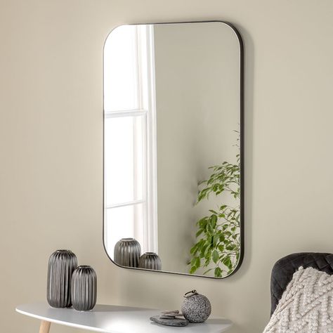 Fireplace Painted, Corner Mirror, Curved Mirror, Iron Fireplace, Sophisticated Bathroom, Full Length Mirror Wall, Wood Wall Mirror, White Table Top, Rectangle Mirror