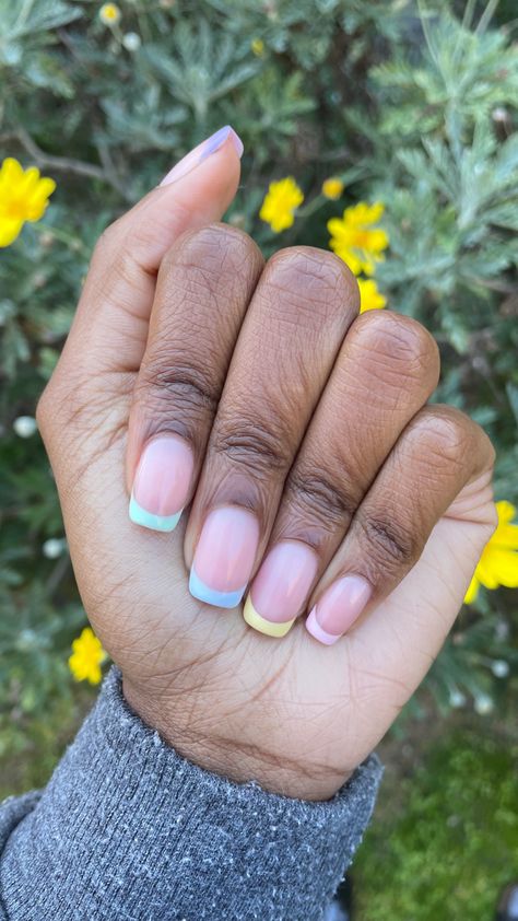 Clear Nails With Coloured Tips, Colour French Tips Nails, Pastel French Tip Nails, Colorful French Nails, Pastel French Tips, Colored French Tips, Colorful French, Dip Nails, Nails Colors