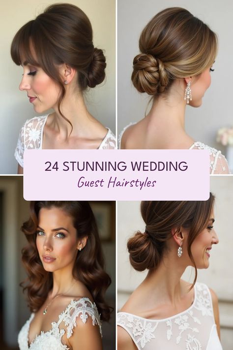 Looking for the perfect hairstyle to shine at the next wedding? Check out these 24 stunning guest hairstyles that will ensure you look fabulous! From elegant updos with bangs to chic low ponytails with twists, we've got styles for every personality. Try classic old Hollywood waves for a timeless look, or go for an effortless loose and low ponytail that’s oh-so-stylish. Each hairstyle is designed to complement your outfit and help you make a statement while you celebrate love. Hair inspo is just a click away! Wedding Guest Hairstyles Humidity, Hair And Makeup For Wedding Guest, Formal Gala Hairstyles, Twisted Updo Wedding, Fine Hair Hairstyles Wedding, Wedding Guest Hairstyles High Neck Dress, Bridesmaid Hair Ponytail Messy Pony, Black Tie Optional Hairstyles, Best Hairstyles For One Shoulder Dress