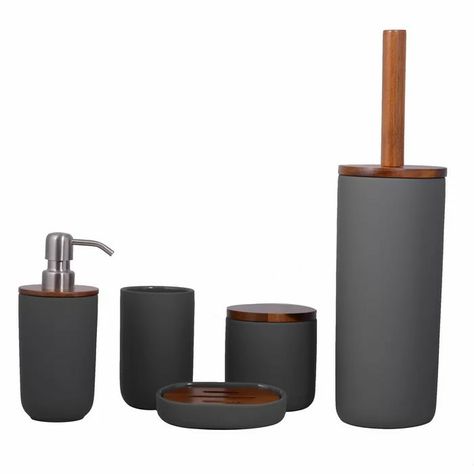 5 Piece Bathroom, Dark Gray Bathroom, Gray Bathroom Accessories, Bad Set, Towel Decor, Dish Soap Dispenser, Hand Towels Bathroom, Bath Storage, Bathroom Accessory Set