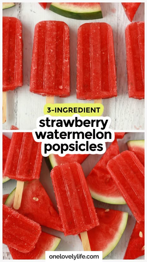 Our popular Strawberry Watermelon Popsicles are a fresh, bright, healthy treat for summer! They're 100% fruit and naturally help balance your electrolytes. These healthy popsicles are naturally vegan, gluten-free, and paleo approved, with no added sugar or sweeteners! They're a delightful healthy snack or summer dessert when the weather warms up. Get this watermelon popsicle recipe + more healthy homemade popsicles to try at One Lovely Life Natural Fruit Popsicles, Watermelon Strawberry Popsicles, Healthy Kid Popsicle Recipes, Healthy Popsicles For Kids, Kid Friendly Popsicle Recipes, Homemade Fruit Popsicles Healthy, Watermelon Recipes For Kids, Homemade Watermelon Popsicles, How To Make Fruit Popsicles