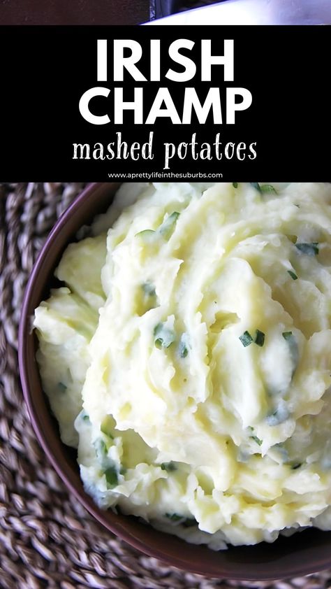 The addition of butter, cream and fresh green onion to mashed potatoes makes this Traditional Irish Champ Recipe a delicious side dish. A nice change from regular mashed potatoes. Irish Champ Recipe, Irish Potatoes Recipe, Recipe Mashed Potatoes, Champ Recipe, Irish Mashed Potatoes, Butter Potatoes, Pretty Life, Mashed Potato Recipes, Tasty Vegetarian Recipes