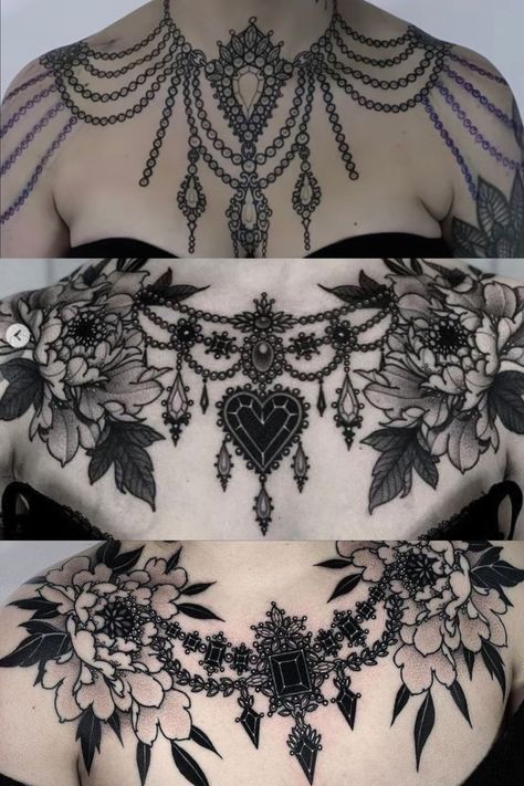 Goth Chest Tattoo, Chest And Shoulder Tattoo, Black Lace Tattoo, Chest Tattoo Ideas, Lace Tattoo, Back Piece, Chest Piece, Chest Tattoo, Shoulder Tattoo