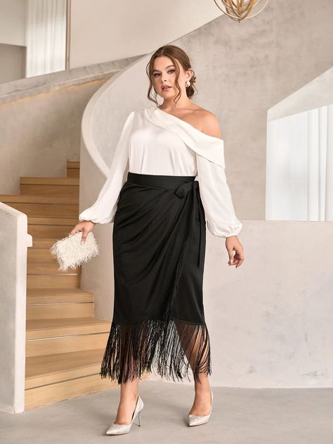 SHEIN Plus Fringe Hem Wrap Knot Skirt | SHEIN USA Wool Skirt Outfit, Wrap Skirt Outfit, Hem Skirt Outfit, Knot Skirt, Dress Tips, Skirt Ideas, Midi Wrap Skirt, Wrap Maxi Skirt, Long Fringes