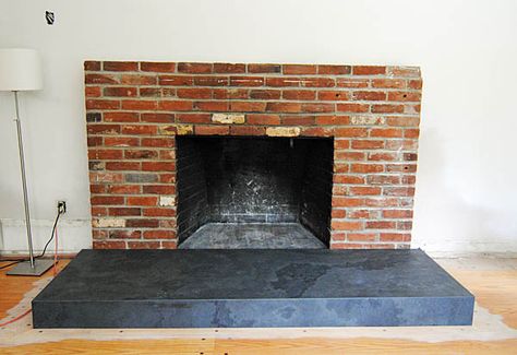 The original fireplace hearth and surround were brick. We decided to cover it all up with honed Montauk black slate. Granite Hearth Fireplace, Black Fireplace Hearth, Original Fireplace, Granite Hearth, Black Fireplace, Fireplace Hearth, Modern Fireplace, Room Redo, The Fireplace