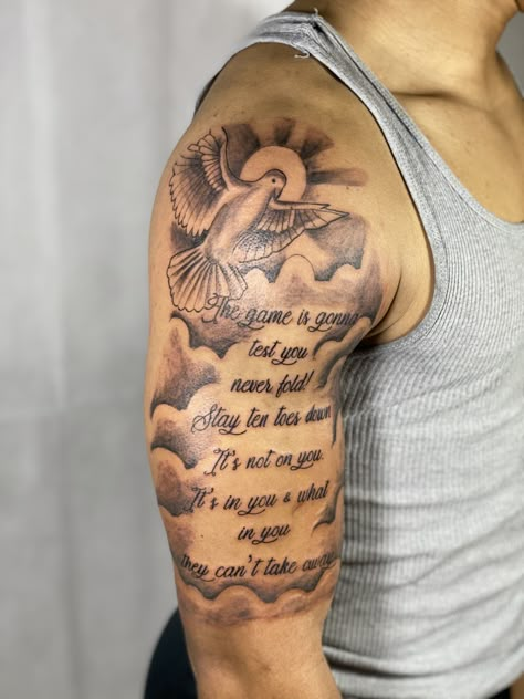 Upper Arm Tattoo Men Half Sleeves Clouds, Men’s Bicep Tattoos, Scripture Tattoos For Men Bicep, Scripture Tattoos For Men Shoulder, Shoulder Tattoo Men Bible Verse, Tattoo Ideas For Men Meaningful Shoulder, Meaningful Shoulder Tattoo Men, Bicep Tattoo Men Outer Bicep Tattoo Men, Men Forearm Tattoos With Meaning