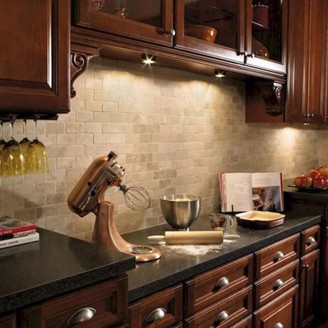 Kitchen Backsplash With Dark Cabinets And Dark Countertops, Brown Cabinets Black Countertops, Tile Backsplash Kitchen Dark Cabinets, Stone Tile Backsplash Kitchen, Kitchen Backsplash With Dark Cabinets, Kitchen Cabinets And Backsplash, Backsplash Decor, Kitchen Backsplash Ideas With Dark Cabinets, Dark Wood Kitchen Cabinets