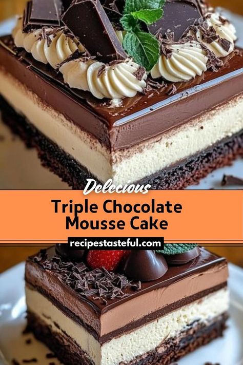 A decadent cake featuring layers of rich dark chocolate, smooth milk chocolate, and light white chocolate mousse, topped with a glossy chocolate glaze and garnished with fresh mint and chocolate chunks. Triple Chocolate Mouse Cake, Chocolate Entremet Recipe, Mouse Cake Recipe, Chocolate Mousse Torte, Triple Chocolate Mousse, Entremet Recipe, Swiss Cake, Mint And Chocolate, Triple Chocolate Mousse Cake