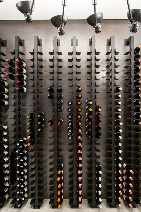 How beautiful is this? A double sided cradle makes the most of utilising space, and the result is a very pleasing, modern and contemporary display. Wine Rack Inspiration, Wine Cellar Inspiration, Wine Store Design, Wine Cellar Wall, Contemporary Wine Racks, Bar Lounge Design, Modern Wine Rack, Wine Rack Design, Wine Boutique