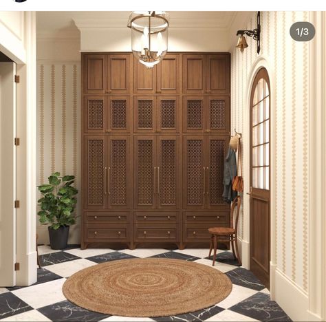 Lockers With Drop Zone, Mudroom Wood Cabinets, Mudroom Locker Interior, Foyer Built Ins Entrance, High End Mudroom, U Shaped Mudroom Ideas, Foyer Drop Zone, Vintage Mudroom Ideas, Townhouse Mudroom