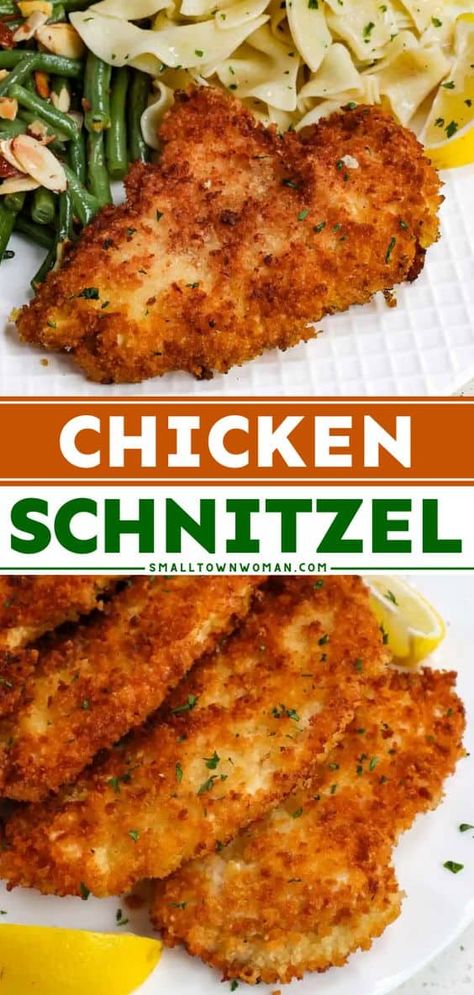 Need a simple meal under 30 minutes? Here's a quick dinner idea featuring breaded chicken cutlets! Pan-fried to perfection, this chicken schnitzel recipe comes out crispy on the outside while being moist and tender on the inside! What To Do With Chicken Cutlets, Breaded Chicken With Sauce, Recipes With Chicken Cutlets, Sunday Family Dinner Ideas, Crispy Chicken Schnitzel, Chicken Schnitzel Recipe, Baked Chicken Cutlets, Cutlet Recipes, Schnitzel Recipe