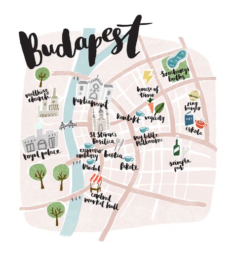 budapest map design | where to head for fun, food and culture on your trip | city travel Budapest Map, Hungary Travel, Budapest Travel, Voyage Europe, Travel Illustration, Illustrated Map, Budapest Hungary, Travel Maps, Travel Design