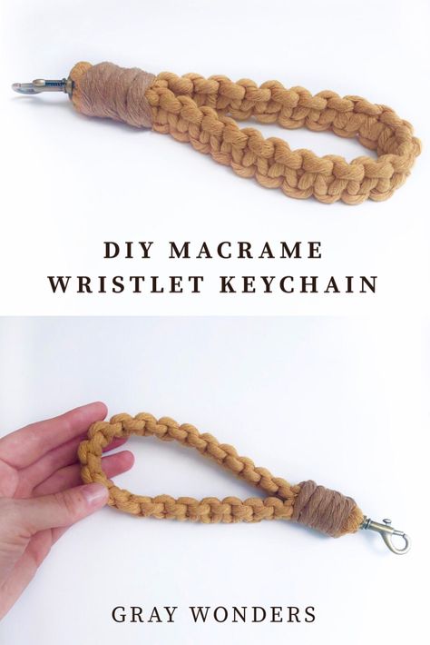 DIY Macrame Wristlet Keychain | EASY HANDMADE GIFT IDEA! How to make a macrame macrame keychain that will fit on your wrist. 💛 Paracord Wristlet Keychain Diy, How To Macrame Keychain, Wrist Keychain Diy, How To Make Macrame Keychains, Keychain Diy Easy, Macrame Keychain Tutorial, Diy Macrame Keychain, Macrame Wristlet Keychain, Keychain Tutorial