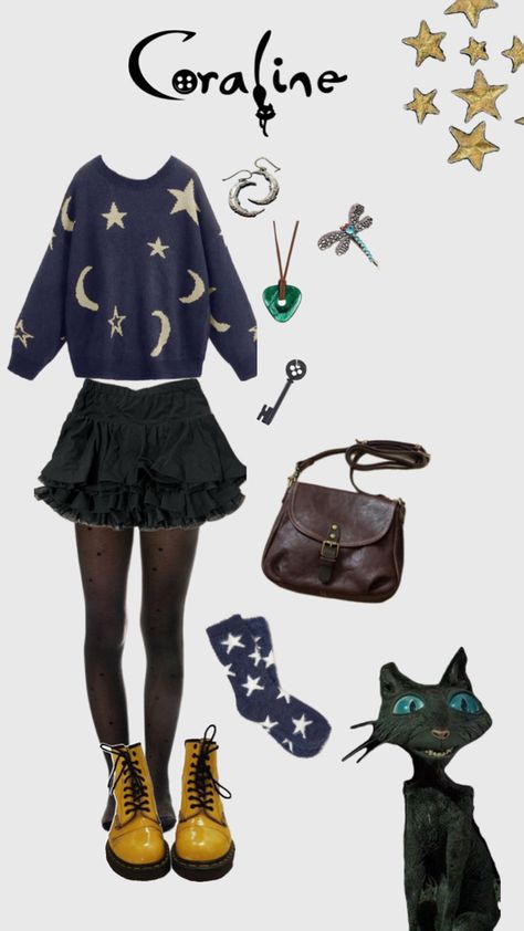 Coraline Outfit Halloween, Coraline Fit Ideas, Coraline Trio Costume, Coraline Characters Costume, Coraline Group Costume, Coraline Jones Costume, Coraline Inspo Outfit, Coraline Aesthetic Clothes, Halloween Costume Moodboard