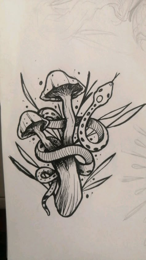 Snake Mushroom Tattoo, Snake And Mushroom Tattoo, Sketch Snake, Moon Mushroom, Medium Tattoos, Ace Tattoo, Mushroom Tattoo, Snake Drawing, Mushroom Tattoos