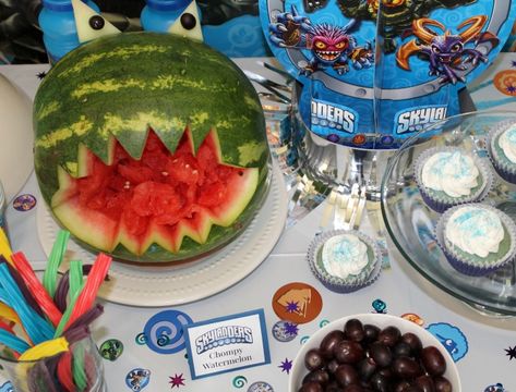 Skylanders Party Ideas - Outnumbered 3 to 1 Duff Goldman, Skylanders Party, Block Of Cheese, Cut Watermelon, White Frosting, Pretzel Rods, Party Supply Store, Blue Crafts, Sugar Sprinkles