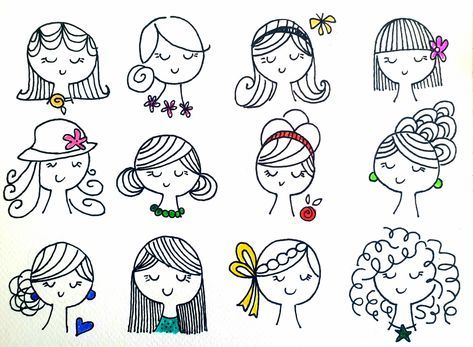 Doodle People Cute, People Doodles, Girl Doodle, Face Doodles, Doodle People, Hair Clipart, Stick Figure Drawing, Easy Doodle Art, Easy Doodles Drawings