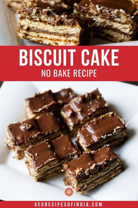 This no bake cake recipe is so delicious you just have to try it! It's made with Parle G biscuit cookies, chocolate, and a bit of instant coffee; where can you go wrong with this combination!? If you can't get Parle G biscuits, the recipe works just as great with Marie biscuits, sweet crackers or digestive biscuits. Try this quick and easy dessert recipe today! #dessert #Indianfood #vegetarian #recipes #snacks No Bake Biscuit Cake, Digestive Cookies, Homemade Chocolate Sauce, Eggless Cakes, Chocolate Biscuit Cake, Chocolate Peanut Butter Desserts, Biscuits Cookies, Eggless Desserts, Peanut Butter Desserts